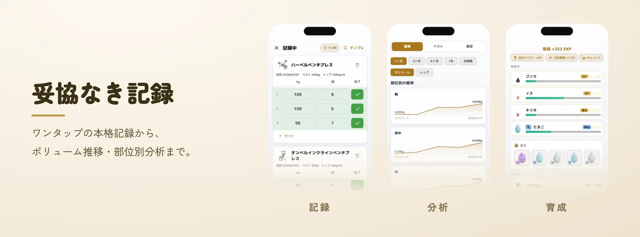MUSMON の記録・分析・育成の3画面