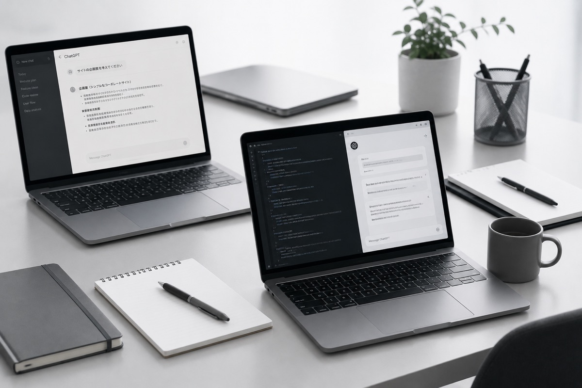 ChatGPT と Codex を開いた2台のノートPCが並ぶデスク